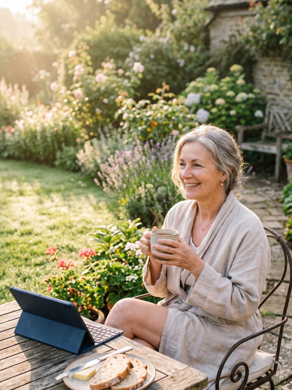 Vrouw met koffie in haar tuin bij het ochtendlicht