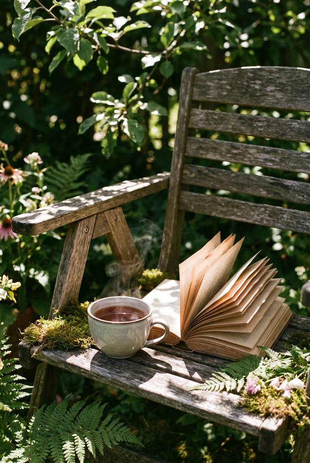Tuinstoel met een kop thee en een opengeslagen boek