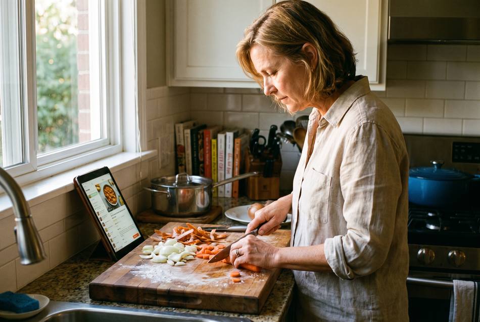 Vrouw kookt met het recept ernaast