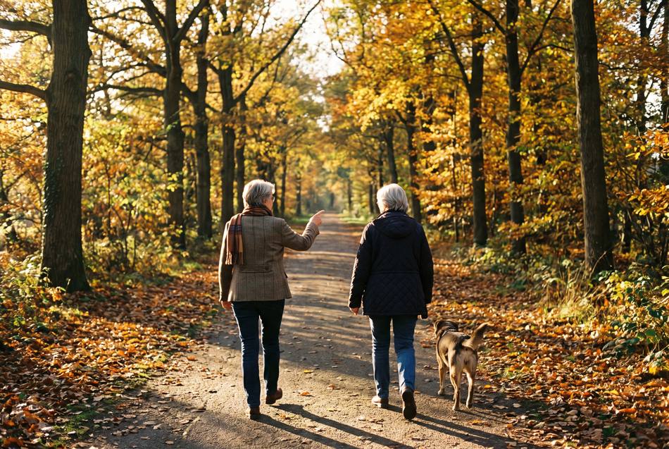 Twee vrouwen wandelen in een herfstlaan